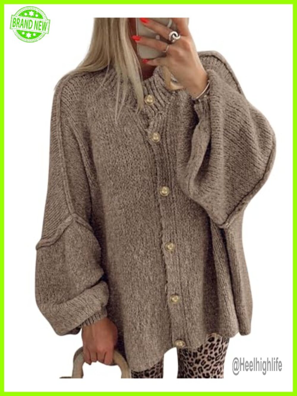 Oversized Open Front Cardigan Lantern Sleeve Button Down Knit Sweater